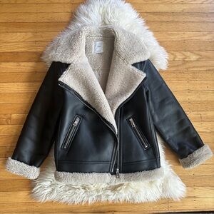 mango vegan leather shearling black cream moto jacket coat xs small medium